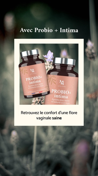 A 9:16 vertical social ad featuring two probiotic supplement bottles centered against a blurred, natural outdoor background to emphasize comfort and balance.